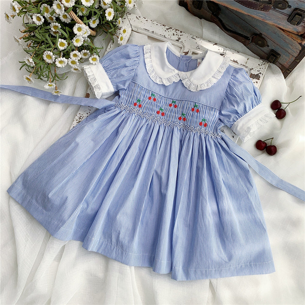 New Retro Blue Striped Handmade Cherry Puff Sleeve Dress For Children