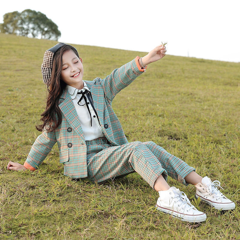 Middle And Large Children's Plaid Spring And Autumn Girls Two-piece Suit