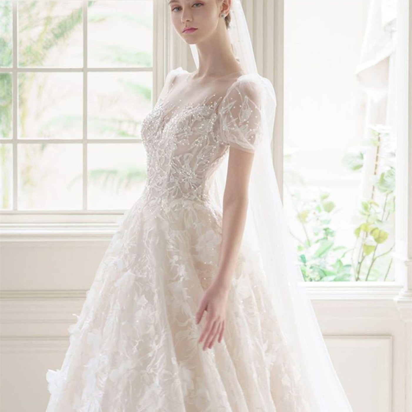 Bubble Sleeved Minimalist Wedding Dress