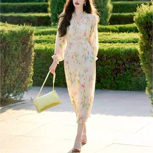 Long Sleeve Chiffon Floral Dress