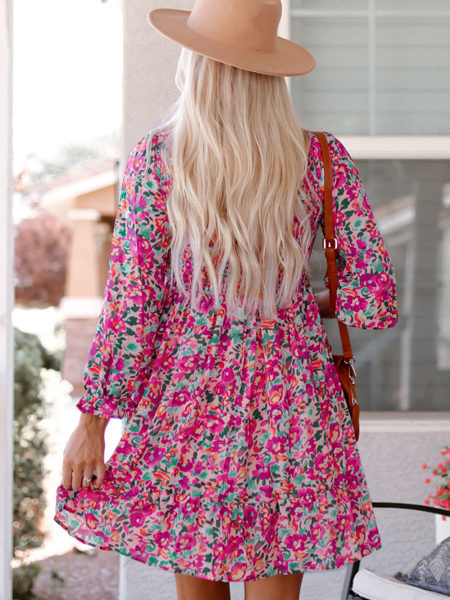 Ropa de mujer con cuello en V Shiying Nuevo vestido floral de manga larga