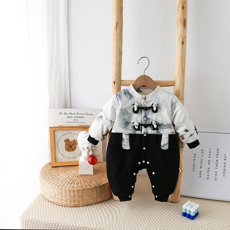 Baby Autumn National Style Cartoon Jumpsuit With Plush Climbing Suit