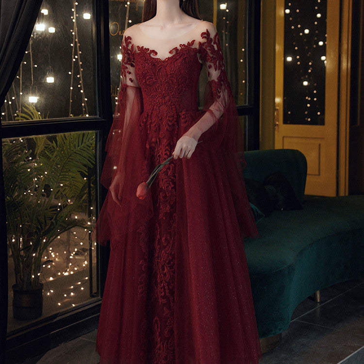 Robe de soirée en dentelle bordeaux pour femmes, mode tempérament