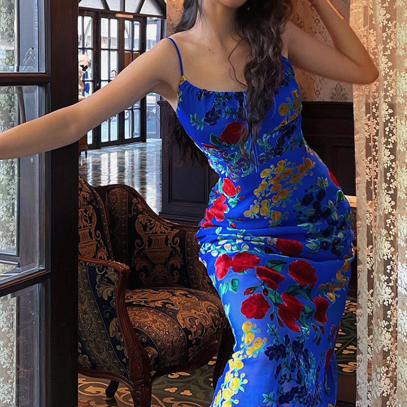 Vestido de mujer de terciopelo azul con flores quemadas y espalda abierta, delgado y delgado