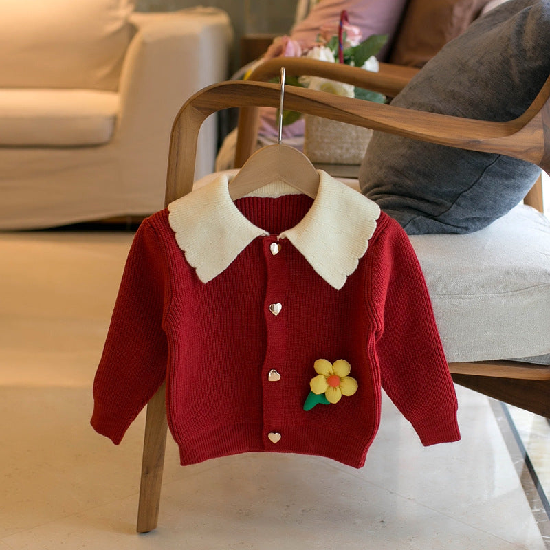 Girls' Lapel Flower Cardigan Sweater