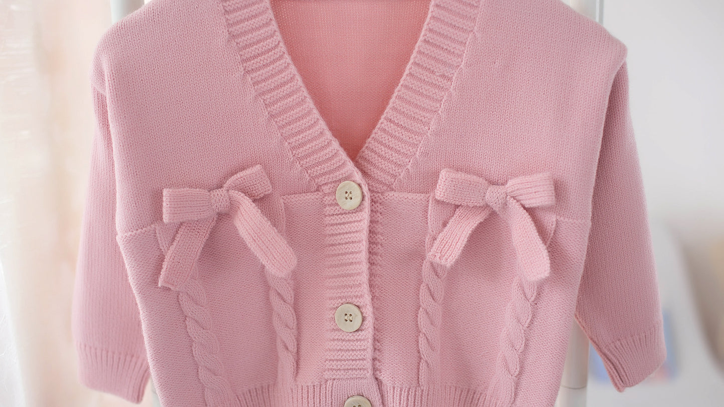 Cardigan à col en V pour filles avec nœud papillon, pull pour enfants