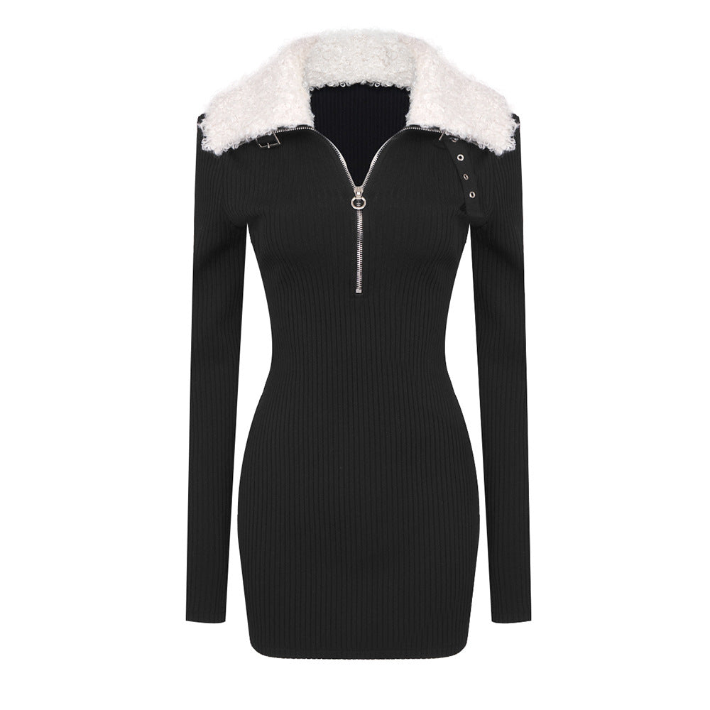 Black Fur Collar Zipper Bandage High Elastic Dress