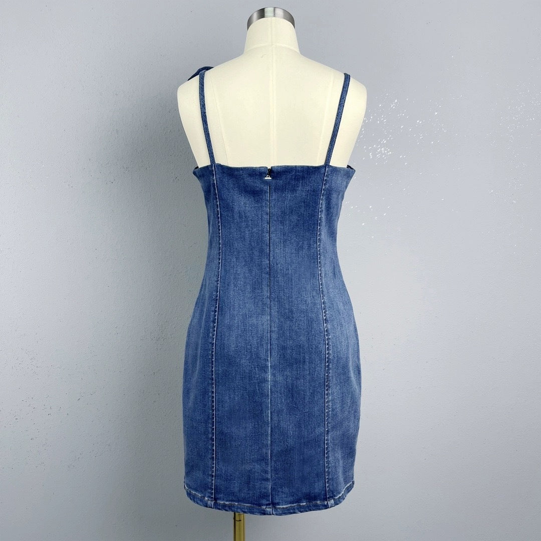 Women's Three-dimensional Flower Decoration Waist-tight Denim Dress