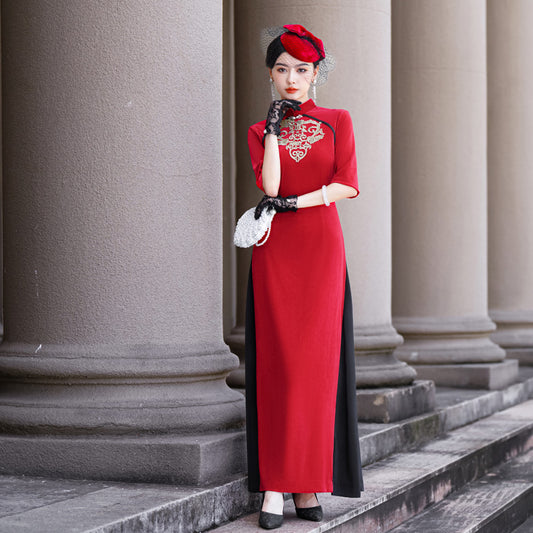 Style chinois en velours doré sans fente grande taille Cheongsam femmes