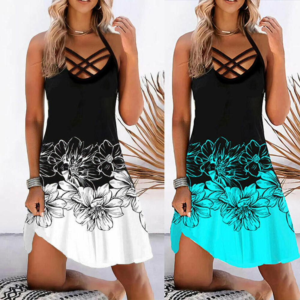 Robe de plage sans manches florale pour dames sexy