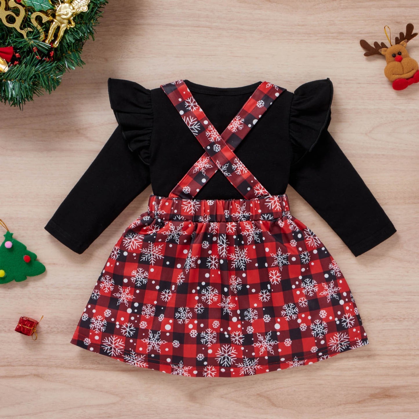 Vêtements de noël pour bébés filles, t-shirt imprimé, jupes à carreaux