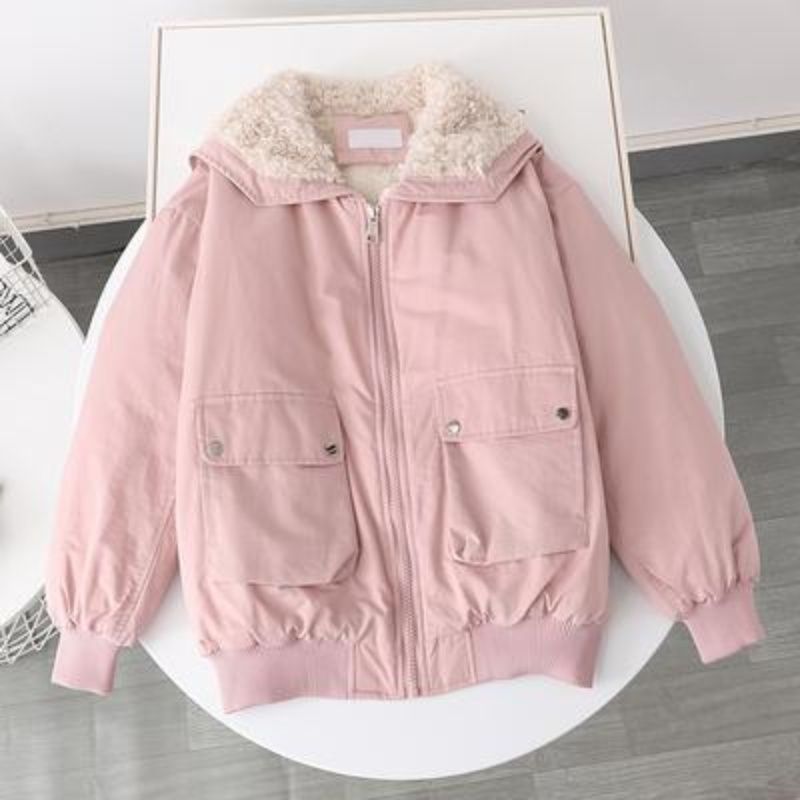 Cold Protective Clothing Warm Fleece Lined Candy Color Overalls Circle Fur Collar Lamb Student