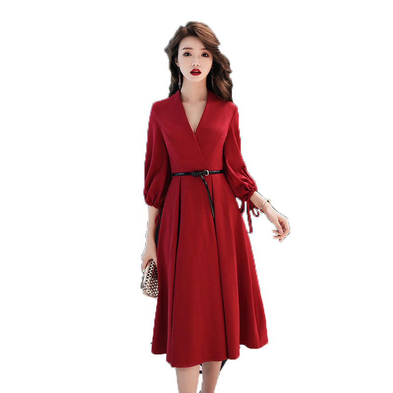 Robe de soirée rouge à manches longues pour mariage, fiançailles, remerciement