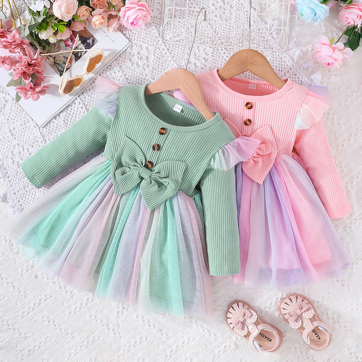 Bow Mesh A- Line Dress Two-color Children's Clothing