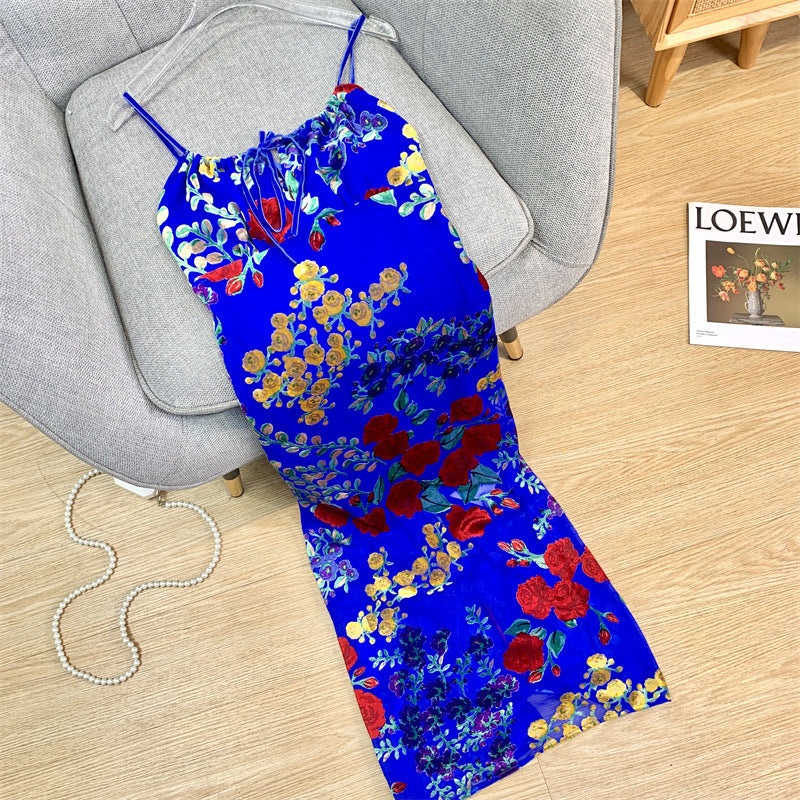 Women's Blue Velvet Burnt Flower Hollow Open Back Slim Slim Strap Dress