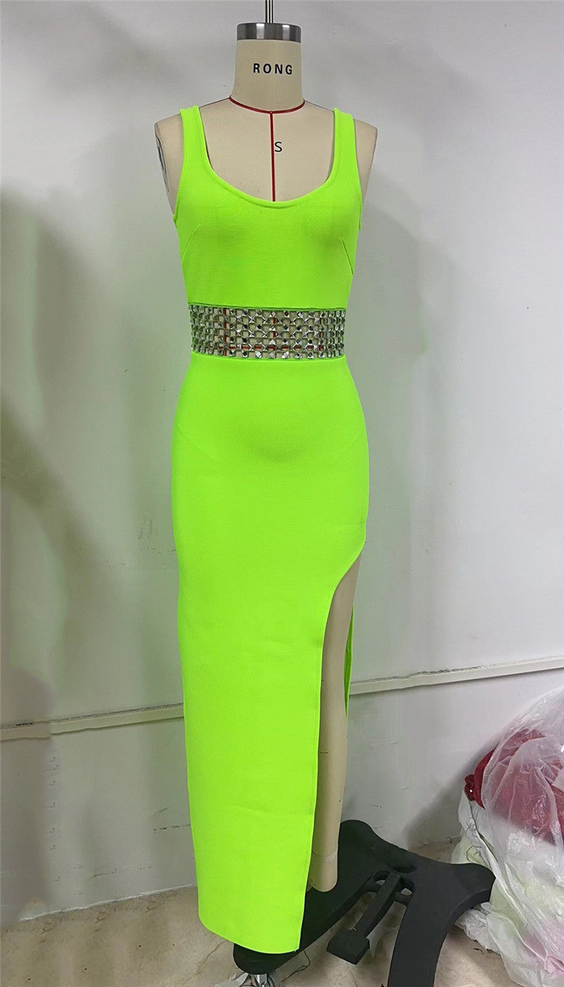 Sexy Diamond Studded Hollow Split Dress Elegant Slim Fit Slimming