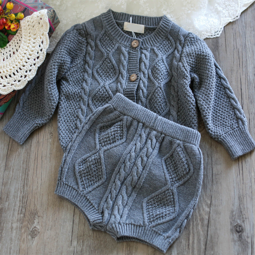 Boys And Girls Baby Twist Knit Sweater Cardigan And Shorts Suit Baby Two-piece Suit