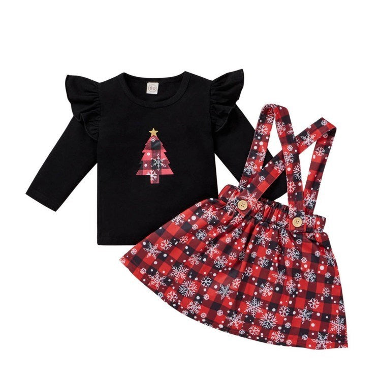 Vêtements de noël pour bébés filles, t-shirt imprimé, jupes à carreaux