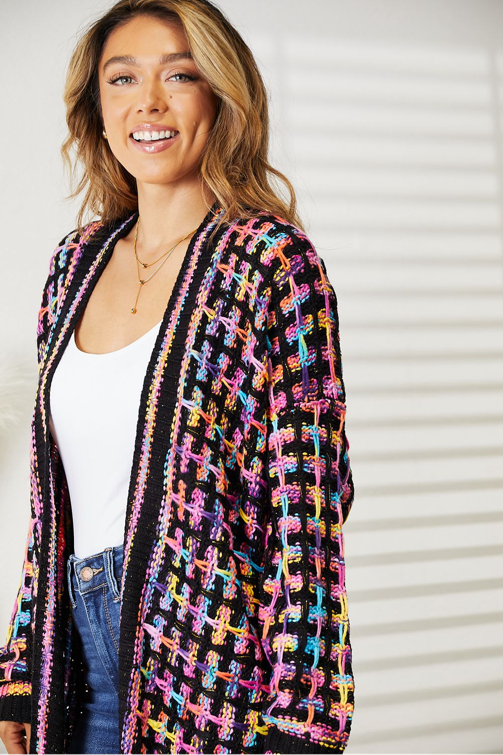 Double Take Cardigan multicolore ouvert sur le devant avec ourlet à franges pleine taille