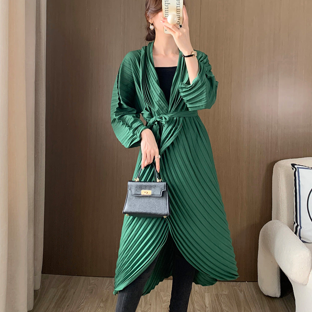 Manual Crimping Female Long Trench Coat