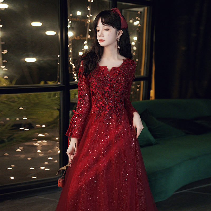 Bridal Red High-end Engagement Summer Long-sleeve Evening Dress