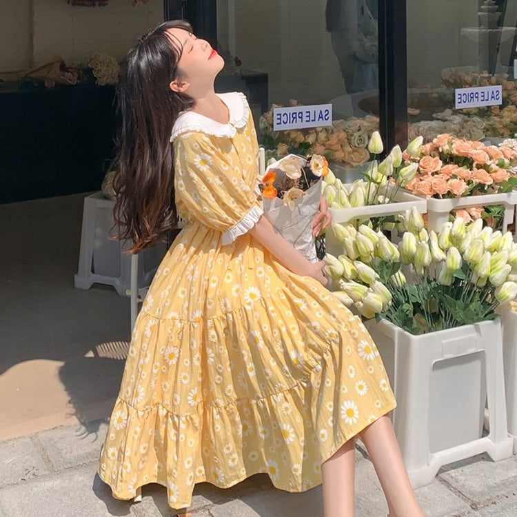 Long Skirt Small Girl Cute Yellow Floral Waist Dress