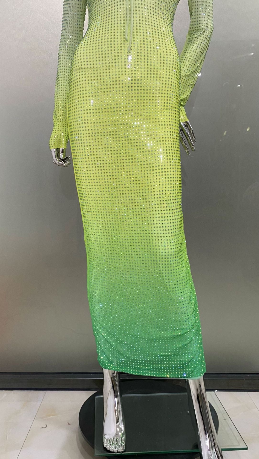 Gradient Green Shiny Rhinestone Deep V Sheath Dress