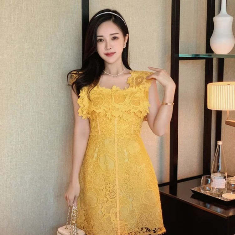 Large Flower Cut Elegant Waist A Line Daily Dress