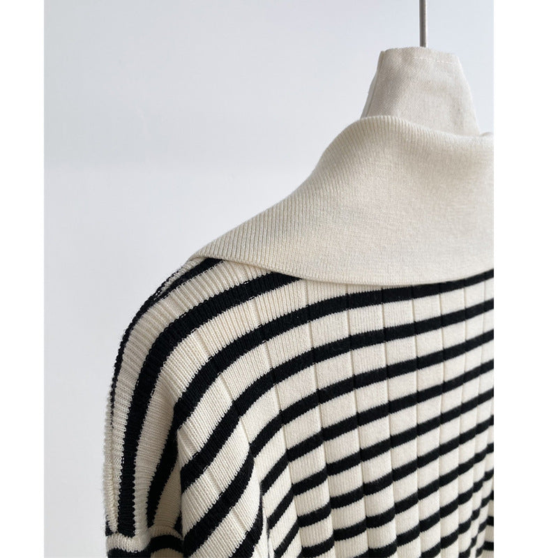 Polo Collar Stripes Cardigan Polo Collar Long Sleeve Knitted Coat