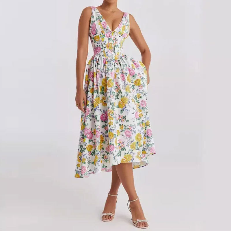 Vestido acampanado con cuello en V, vestidos con vuelo y cintura ajustada con estampado Floral plisado y bolsillos, ropa de verano para mujer