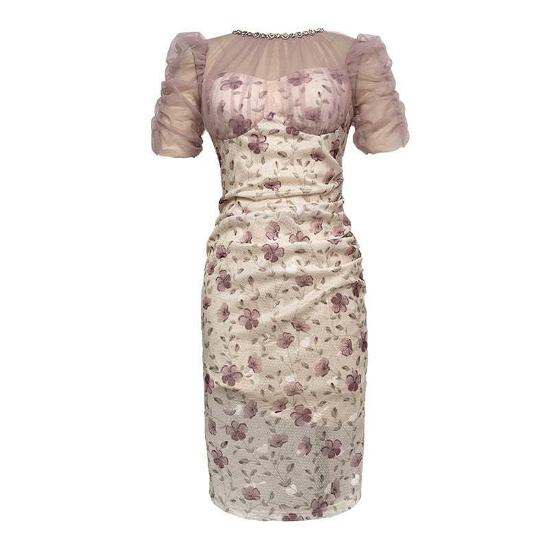 Diamond Grenadine Stitching Puff Sleeve Slim Floral Dress