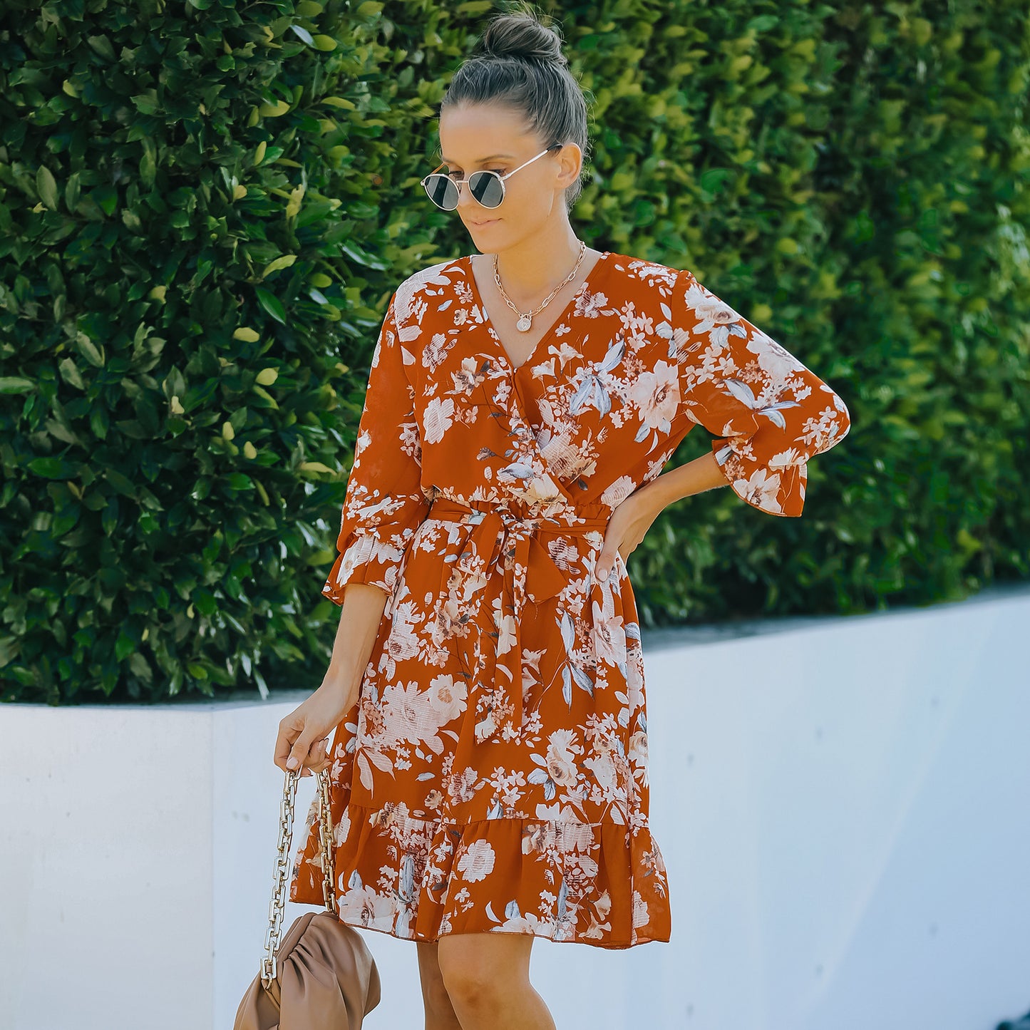 Vestido de gasa floral de media manga para mujer