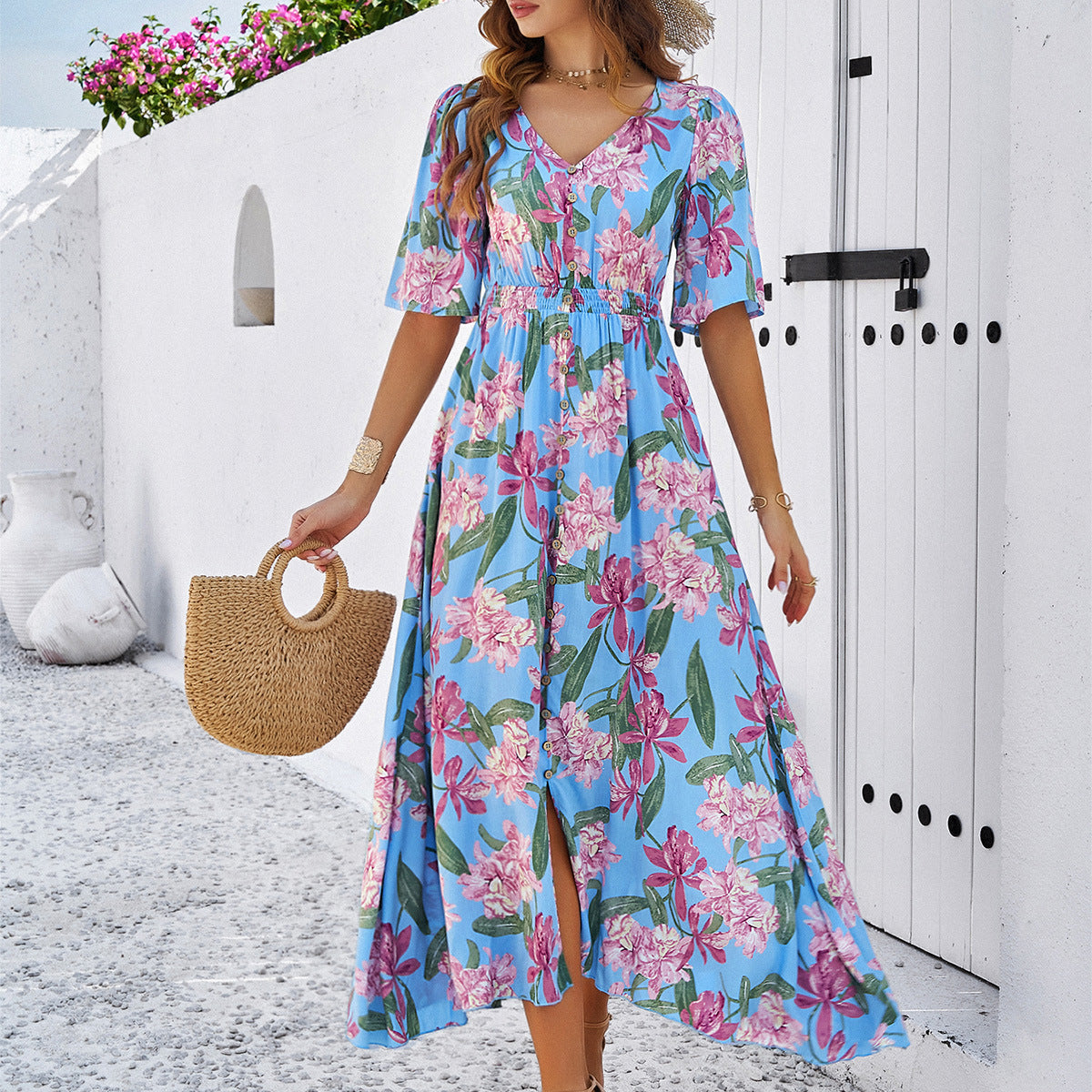 Vestido casual con abertura y estampado floral para mujer