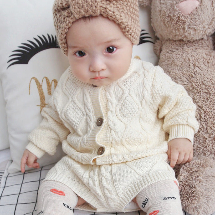 Boys And Girls Baby Twist Knit Sweater Cardigan And Shorts Suit Baby Two-piece Suit