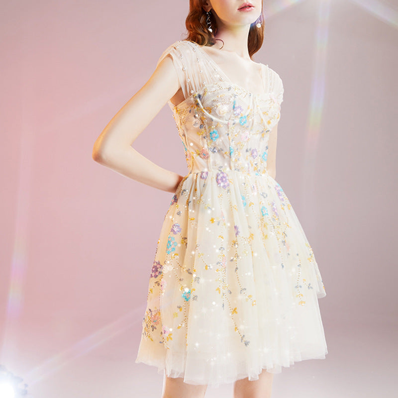 Floral Embroidered Interwoven Pearl Dress