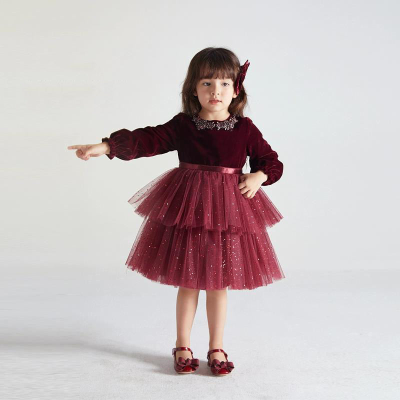 Robe à la mode pour petite fille en velours à manches longues européenne et américaine