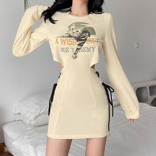 Women's Fashion Cute Cat Print Waistless Lace-up Dress