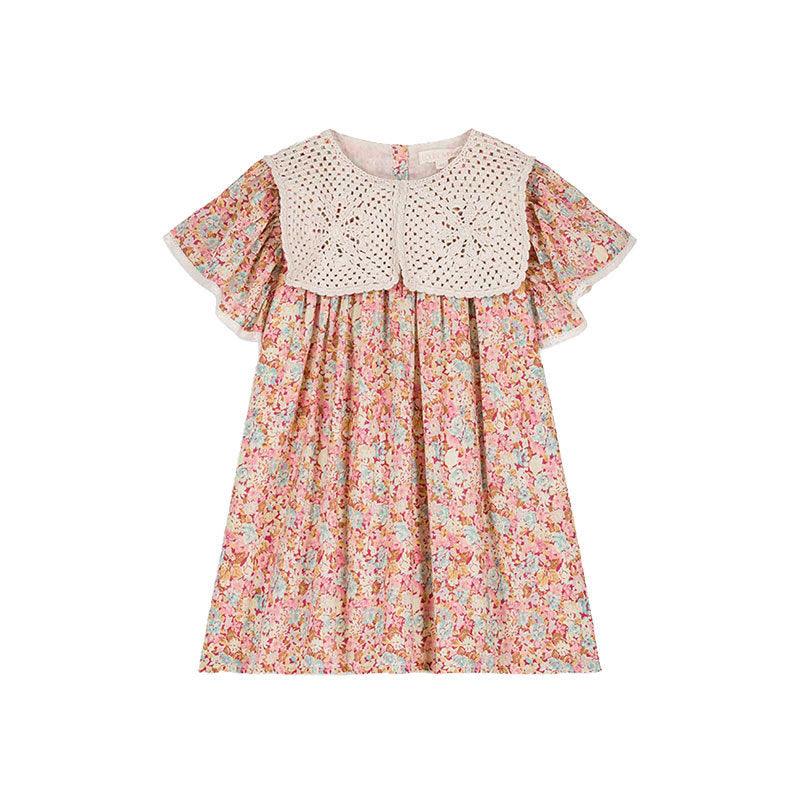 Robe d'été pour enfants, Style ethnique, vacances, motif Floral, revers, bord en dentelle