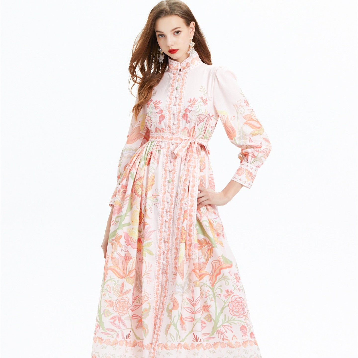 Lantern Sleeve Printed Long Sleeve Waist Trimming Ruffles Dress