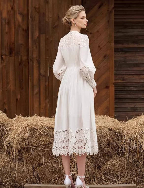 Vestido encaje bordado de flores linterna ahuecada manga larga con cordones de un solo pecho blanco