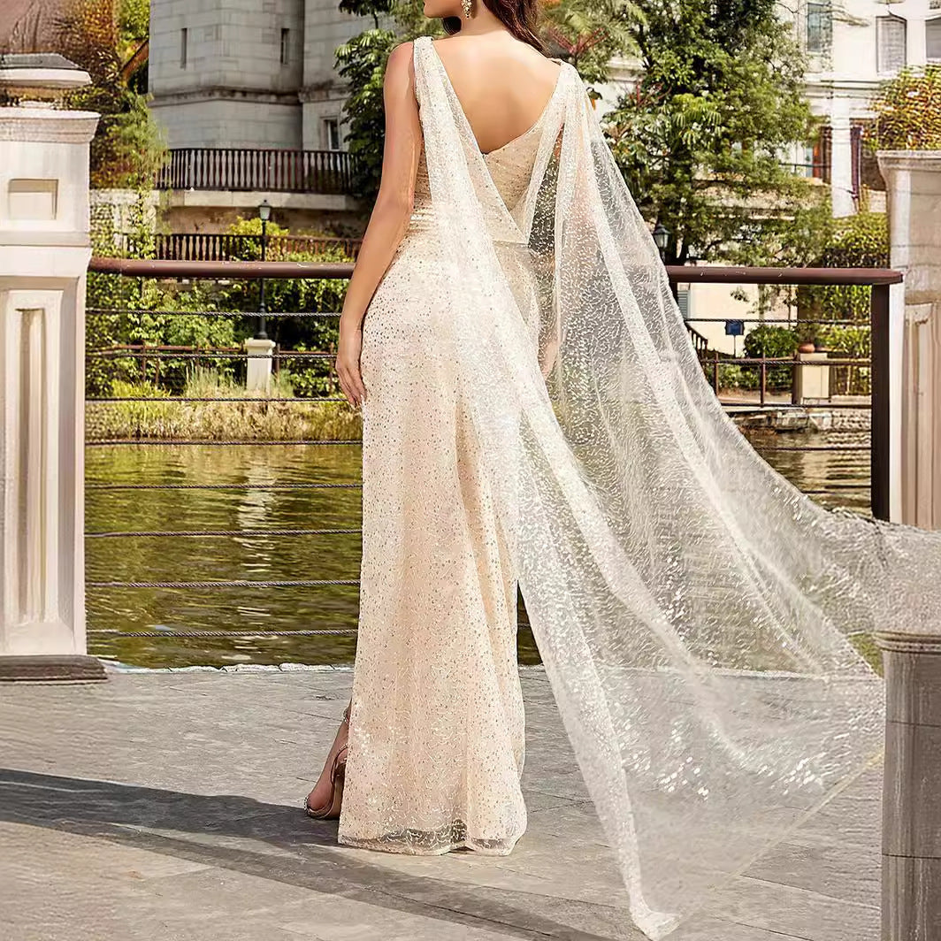 Apricot Mesh Sleeveless Strap Cloak Sequined Long Dress