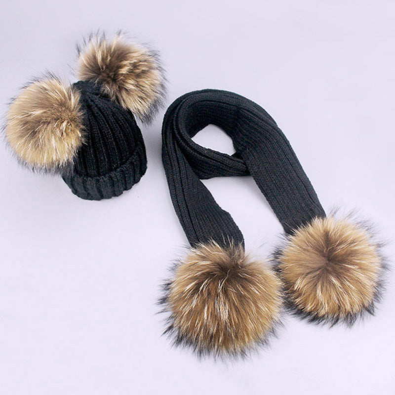 Children's Double Hair Ball Woolen Hat Scarf Set