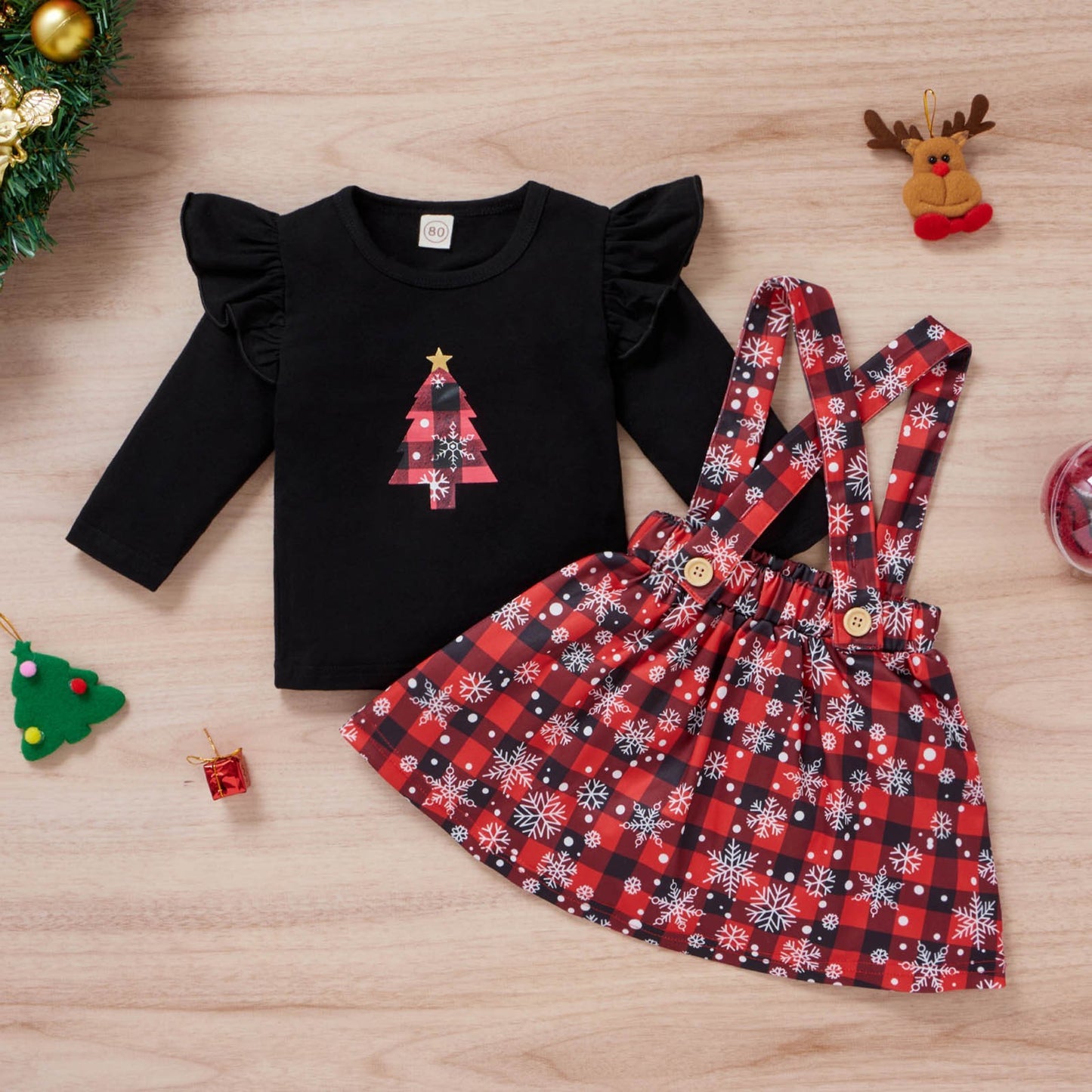 Vêtements de noël pour bébés filles, t-shirt imprimé, jupes à carreaux