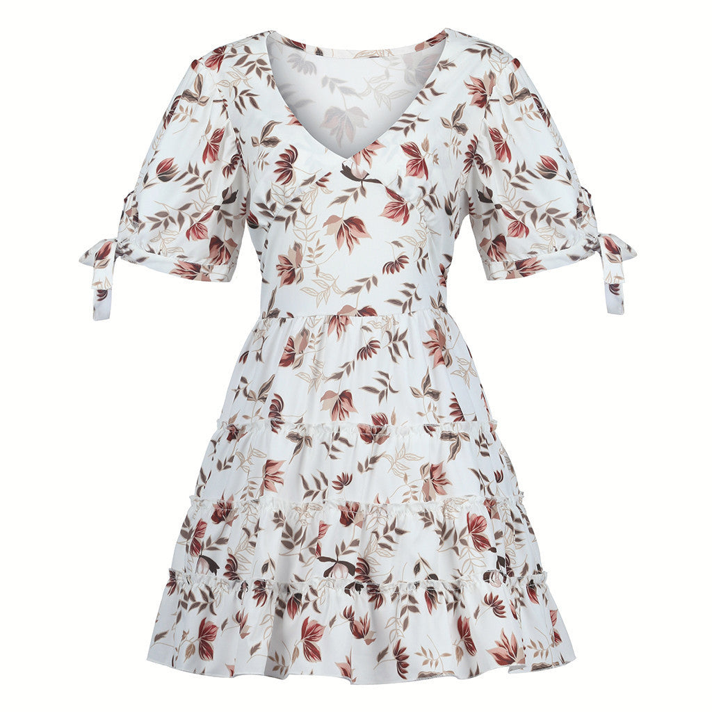 Small Floral Short-sleeved Chiffon Dress