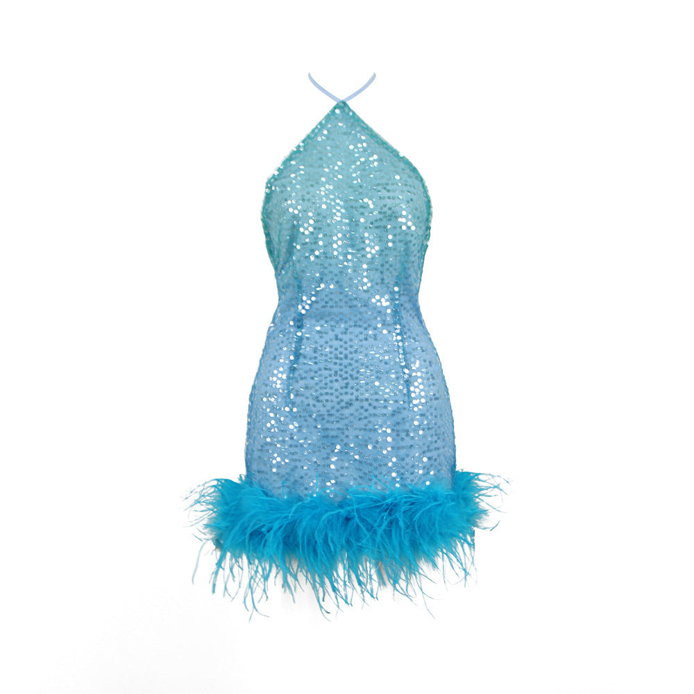 Women's Fashion French Sequined Suspender Feather Dress