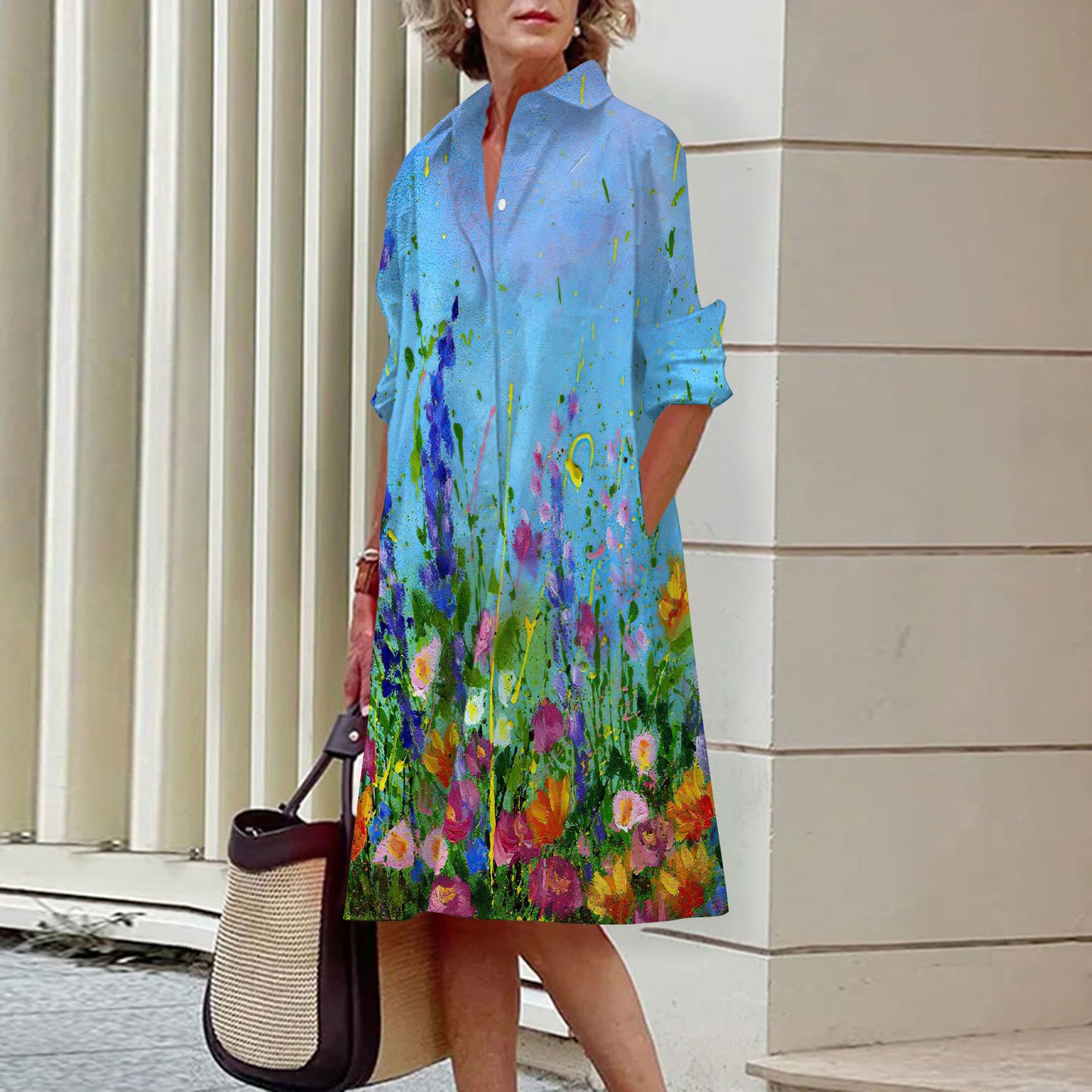 Women's Elegant Floral 3D Digital Printing Single Row Open Button Shirt Dress