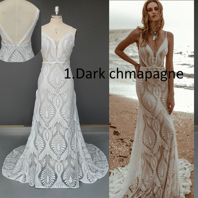 Vestido De Novia bohemio con cuello en V, encaje bohemio, tirantes finos, Espalda descubierta, vestidos De Novia para playa, Vestido De Novia Roycebridal