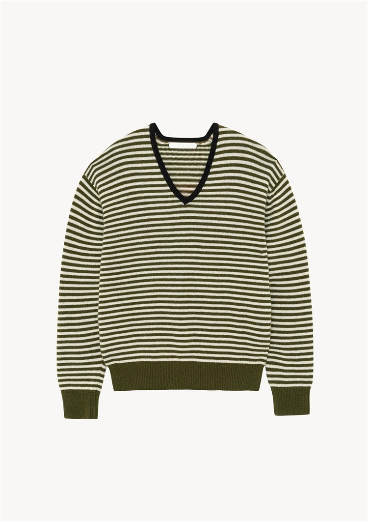 Women's Fashionable Loose V-neck Striped Knitted Top