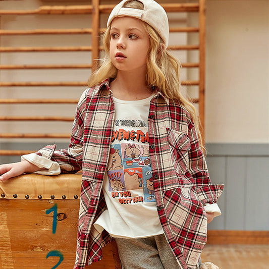 Children's Casual Loose Plaid Long-sleeved Shirt