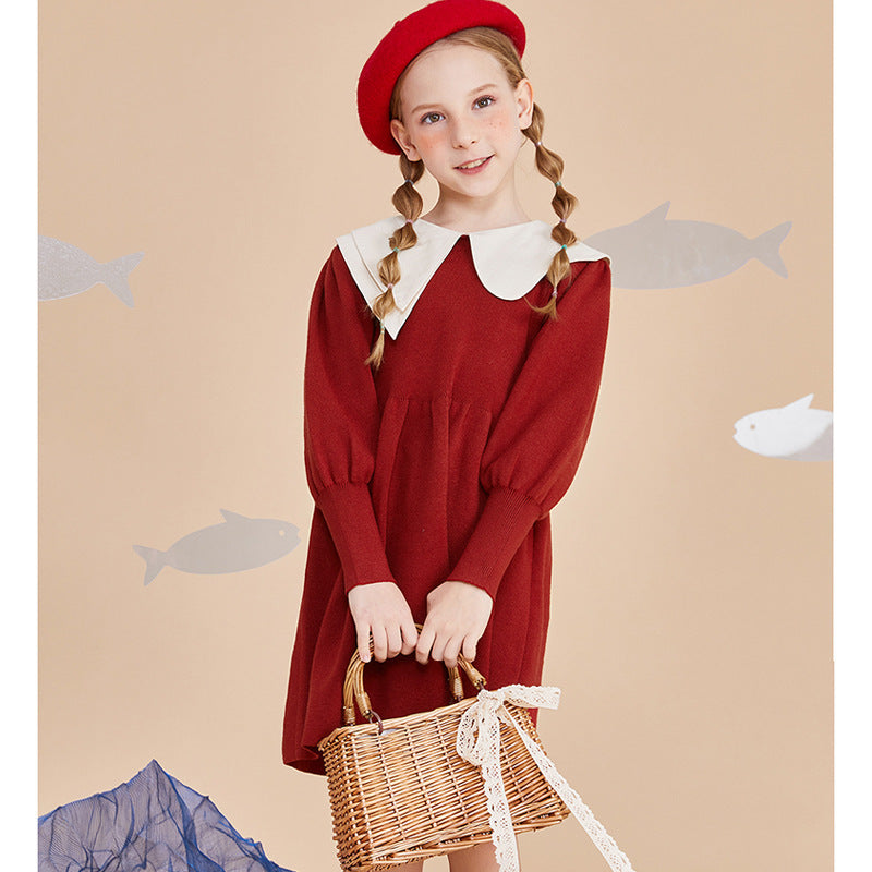 Robe en laine rouge pour filles, automne et hiver